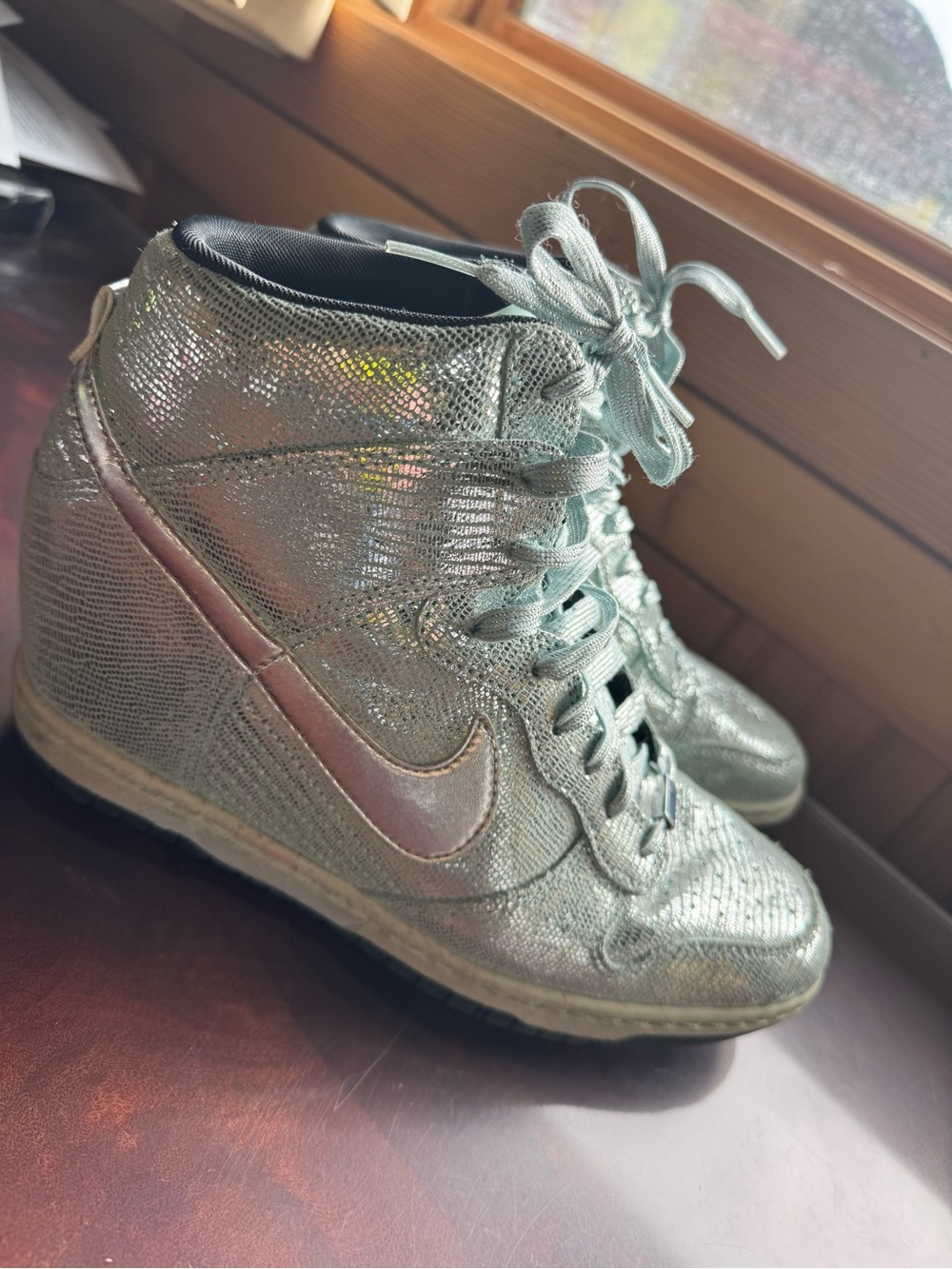 Nike Women's Metallic Silver High-Top Wedge Sneakers with Iridescent Swoosh